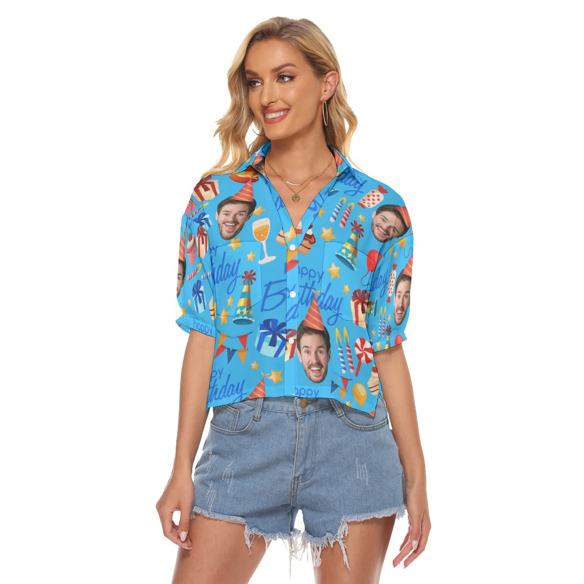 Blue Custom Face Happy Birthday Hawaiian Cropped Shirt For Women (1)
