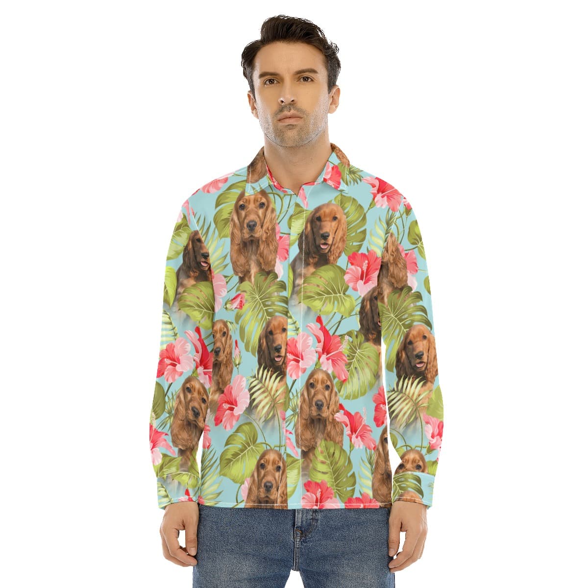 Blue Long Sleeve Hawaiian Shirt With Custom Dog Face (1)