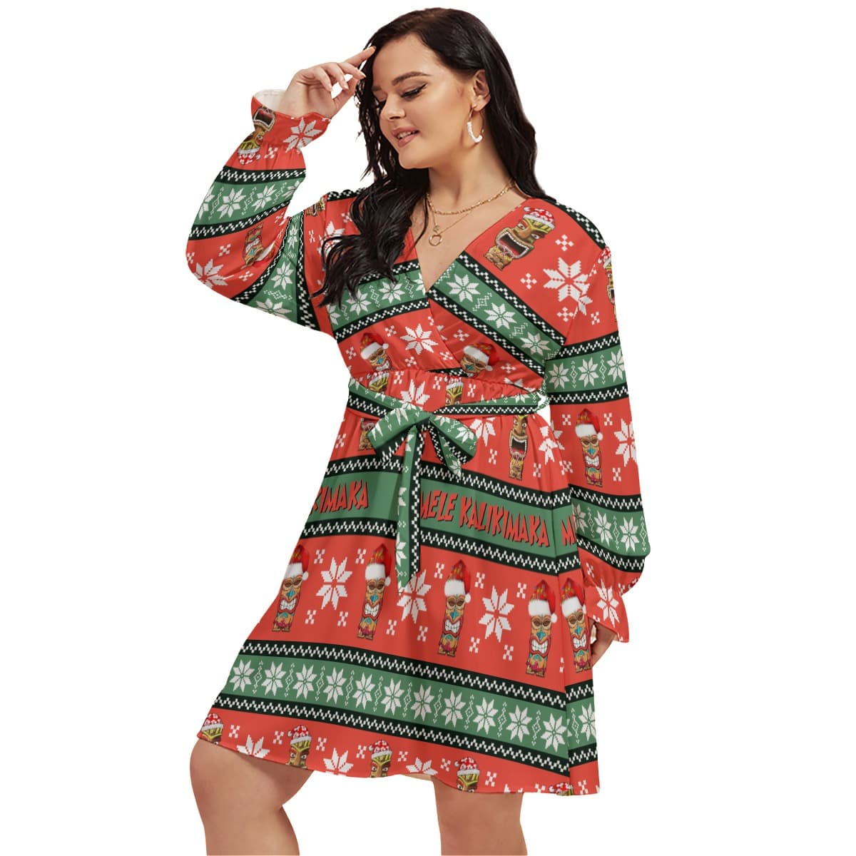 Christmas Tiki Colorful Oversized V-Neck Hawaiian Dress (1)