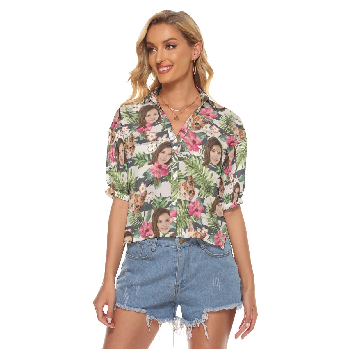 Cool Custom Face Floral Hawaiian Crop Top Shirt For Women (4)