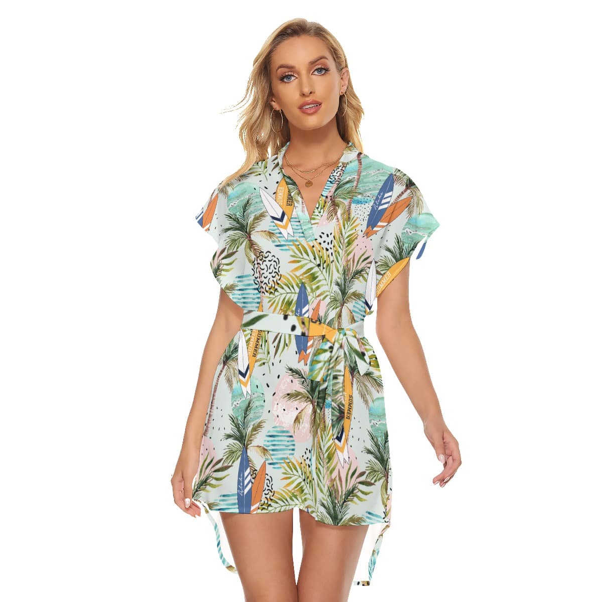 Cool Tropical Surfing Boards Collar Dress With Belt (4)