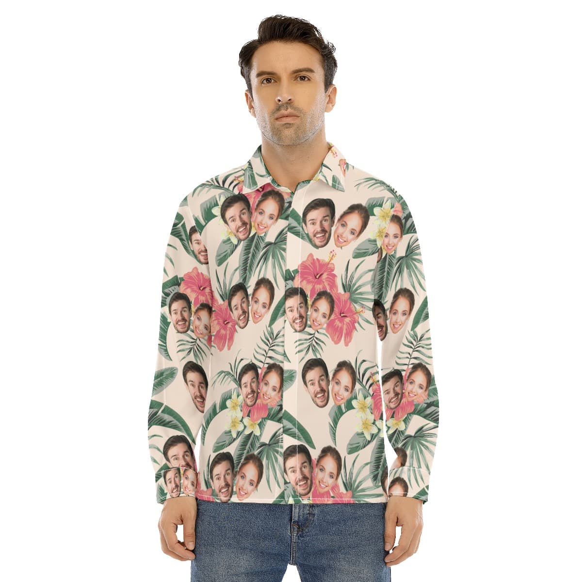 Couple Custom Face Long Sleeve Hawaiian Shirt (1)