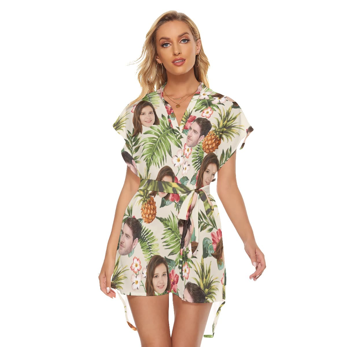 Custom 2 Faces Tropical Hawaiian Casual Dress With Tie (1)
