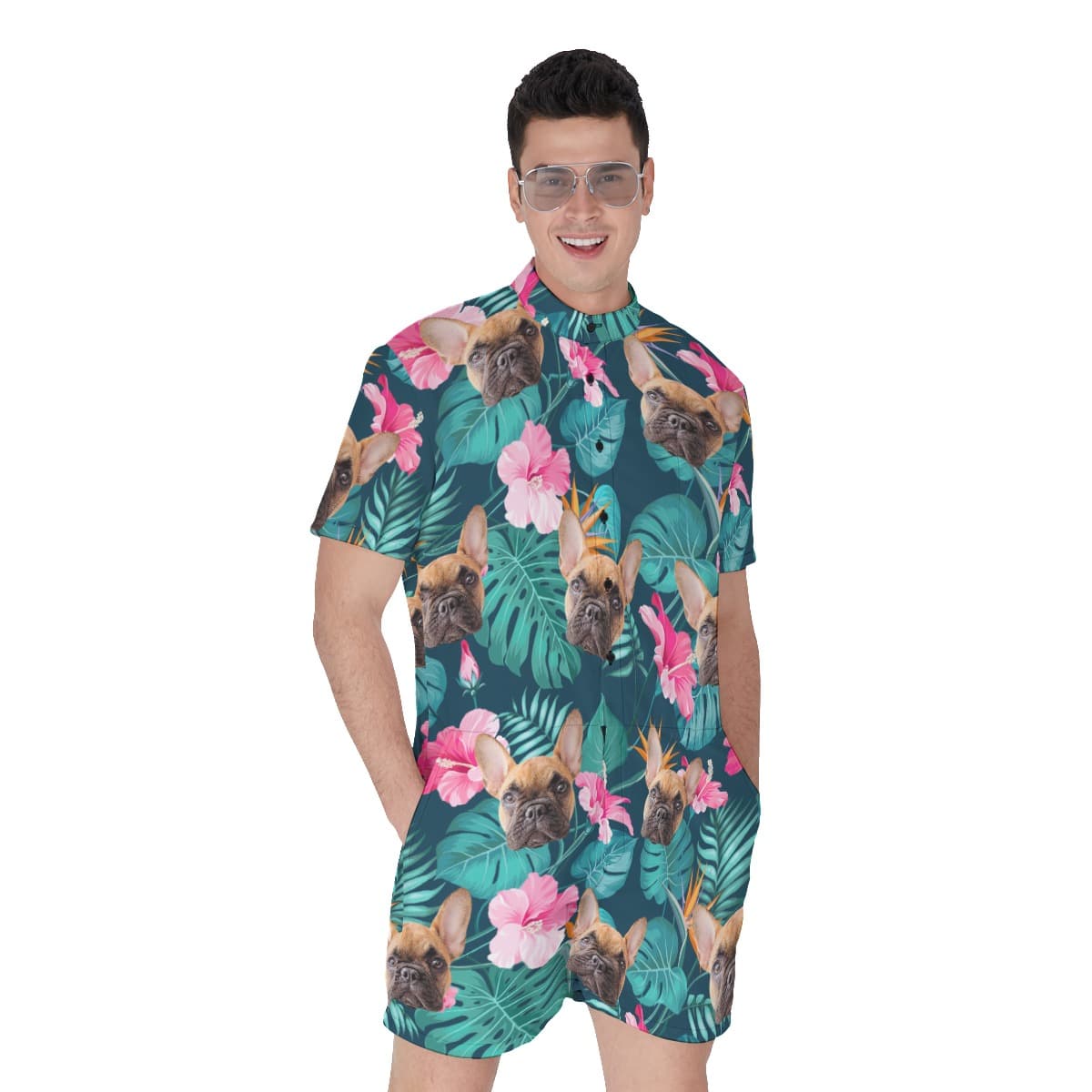 Custom Cat Dog Tropical Hawaiian Romper For Men (2)