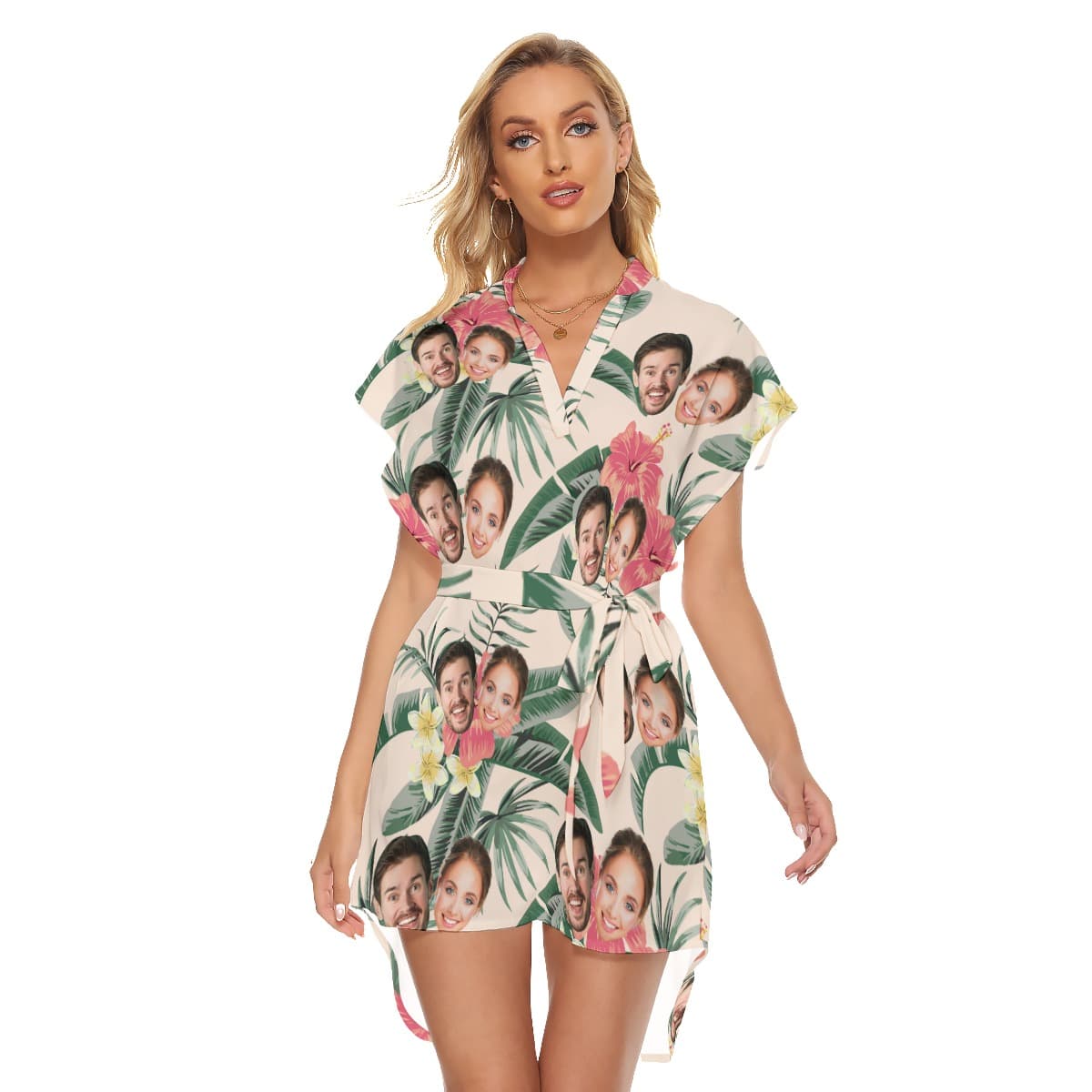 Custom Couple Face Floral Dress With Belt (1)