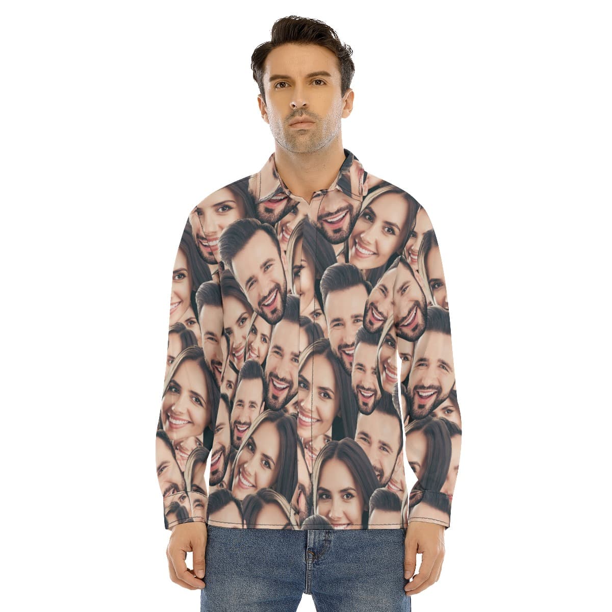 Custom Couple Faces Long Sleeve Hawaiian Shirt (1)