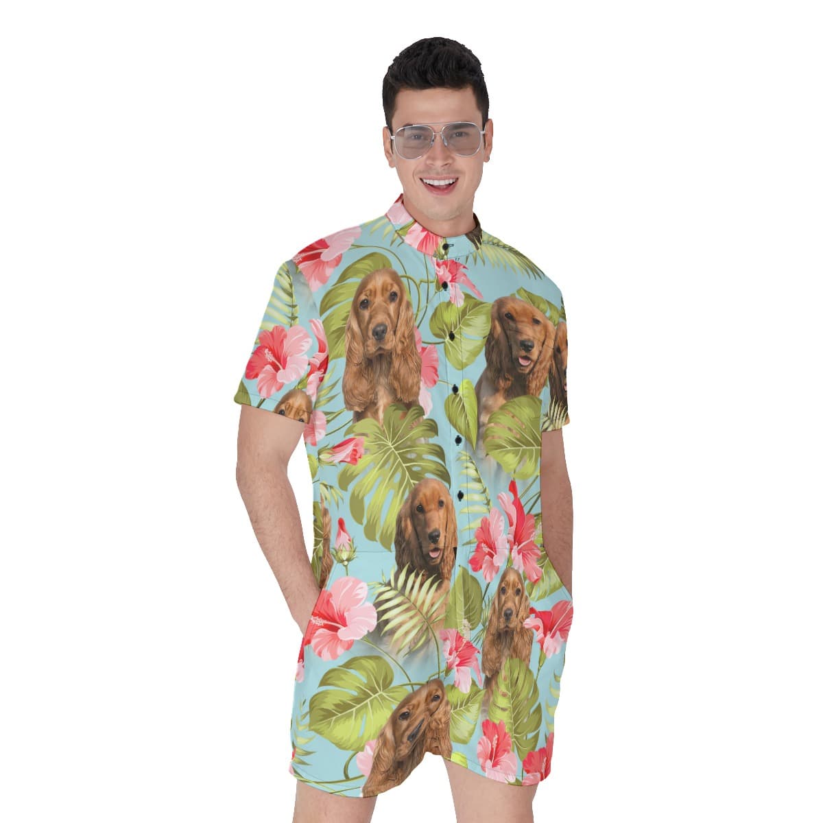 Custom Dog Face Blue Hawaiian Romper For Men (1)