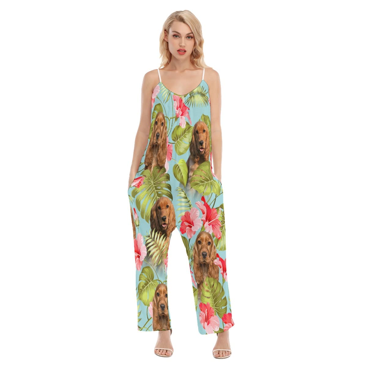Custom Dog Face Floral Loose Women's Jumpsuit (1)