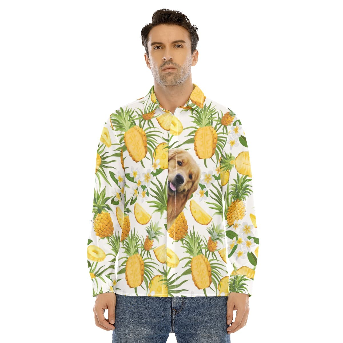 Custom Dog Face Tropical Hawaiian Long Sleeve Shirt (3)
