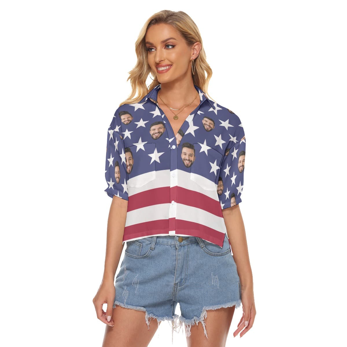 Custom Face American Flag Aloha Cropped Shirt For Women