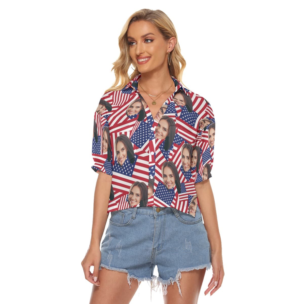 Custom Face American Flag Cropped Hawaiian Shirt For Women (1)