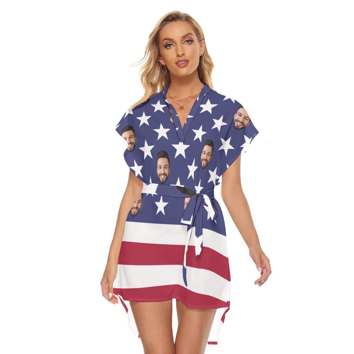 Custom Face American Flag Hawaiian Dress With Belt For Summer (4)