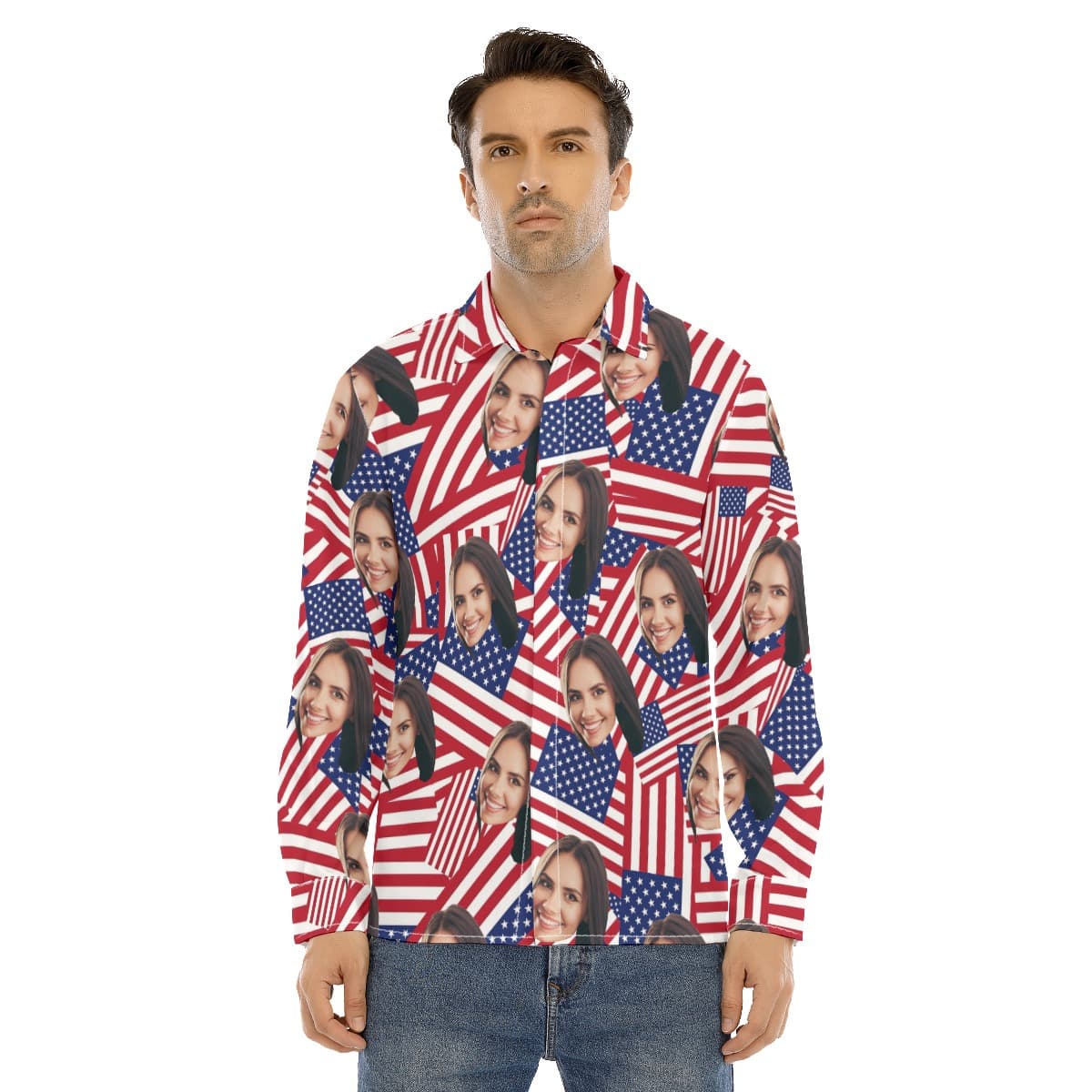 Custom Face American Flag Long Sleeve Hawaiian Shirt For Men (1)