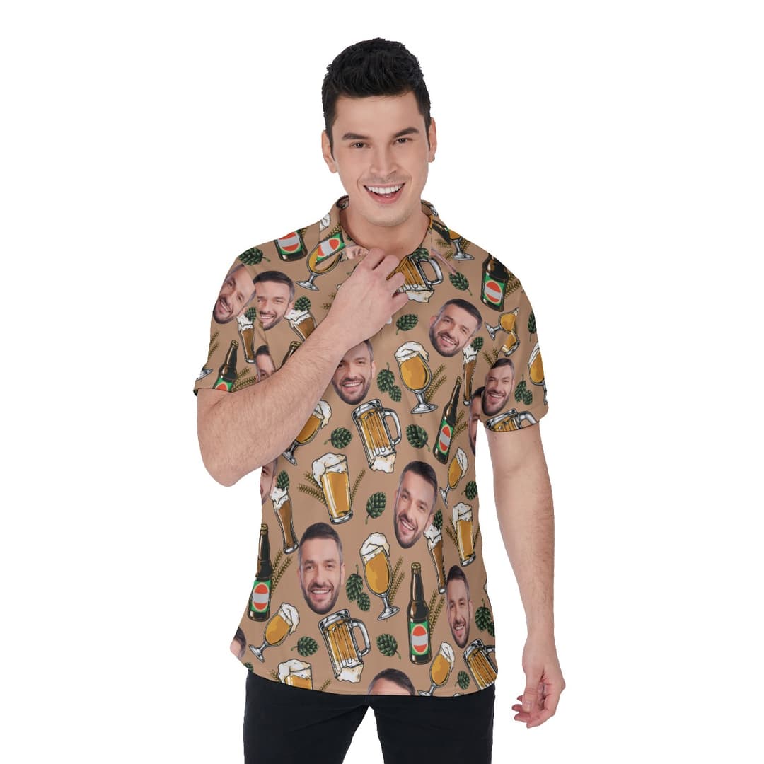 A Polo shirt with brown color, many patterns of beer stains and beer flower, custom faces on the polo and perfect fot Golf tournament