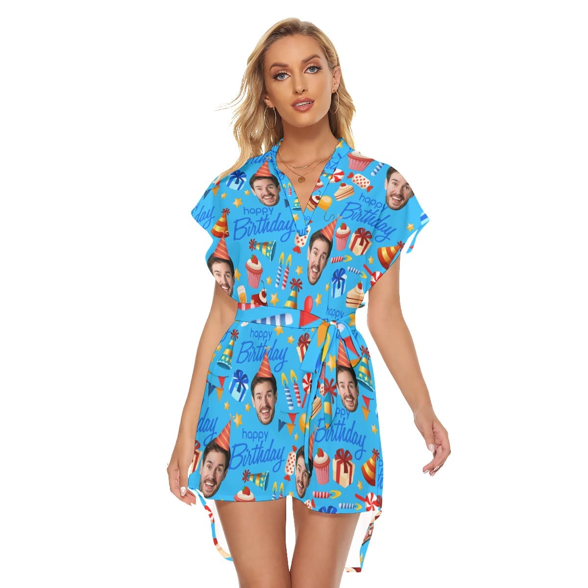 A Blue Hawaiian dress with tie, birthday theme, custom many face on it
