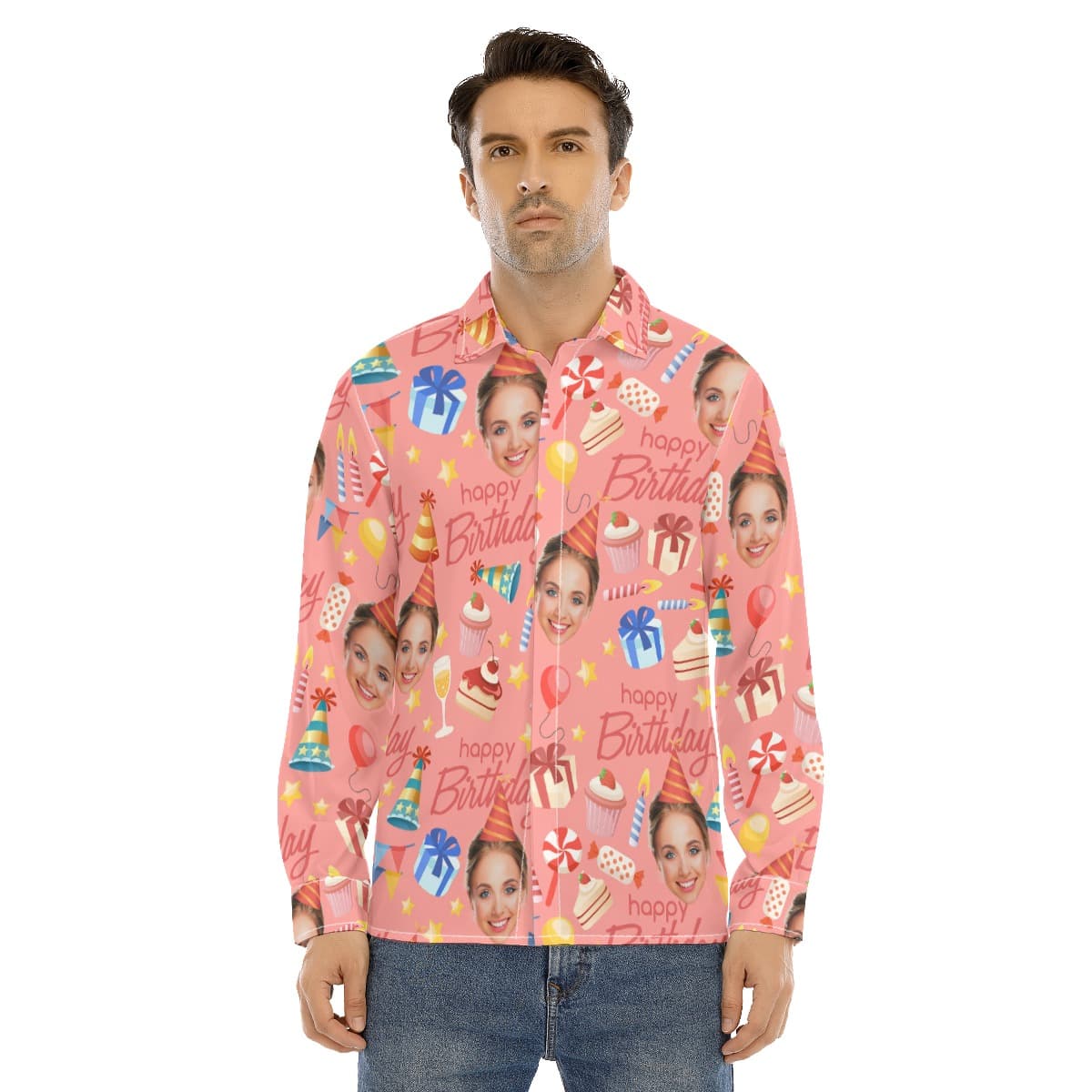 Custom Face Birthday Pink Long Sleeve Hawaiian Shirt For Men (1)