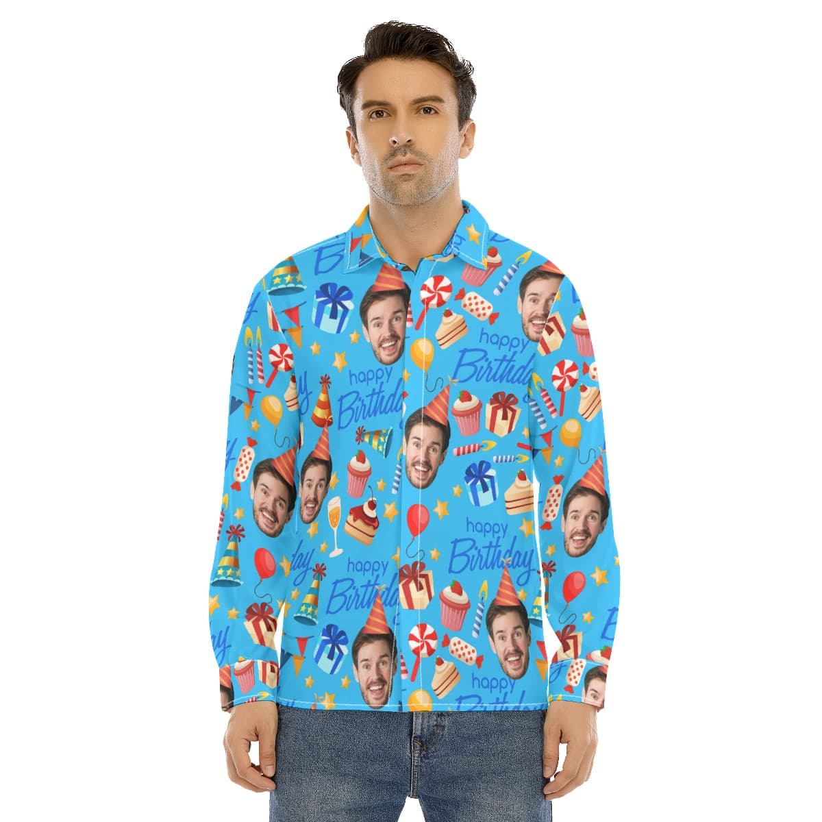 Custom Face Birthday Theme Long Sleeve Hawaiian Shirts (1)