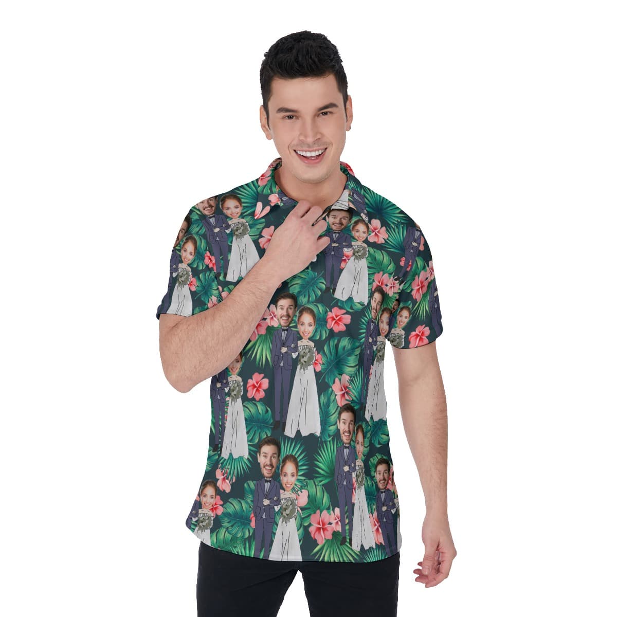 Custom Face Couple Hawaiian Polo Shirt (1)