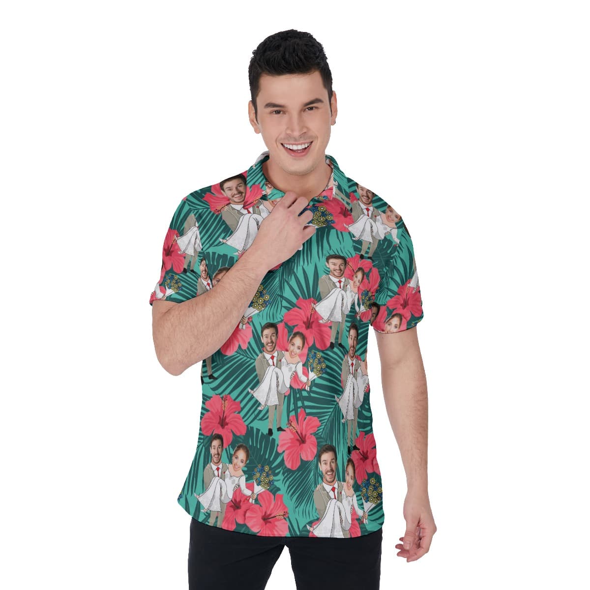 Custom Face Couple Hawaiian Polo Shirt For Men (1)