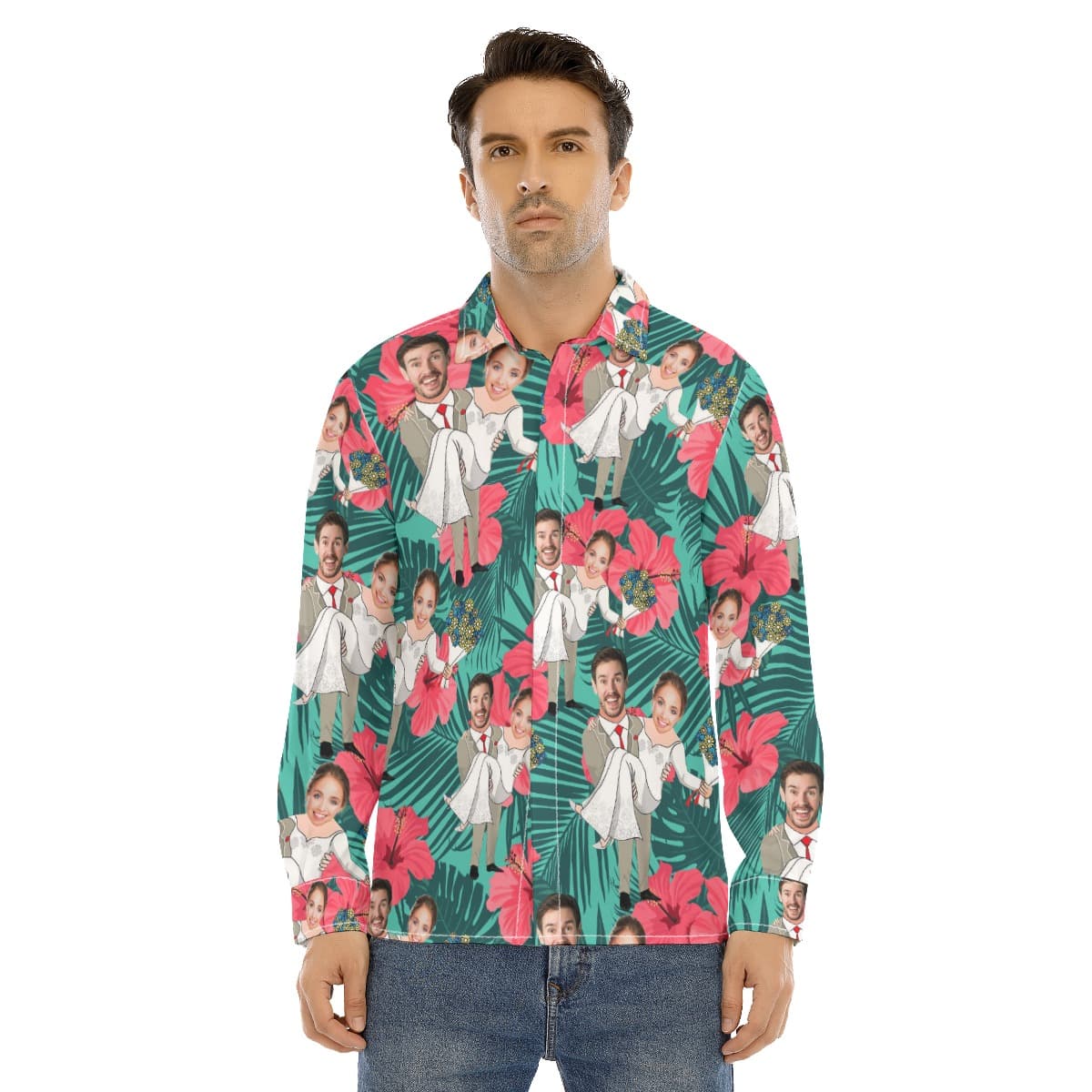 Custom Face Couple Long Sleeve Hawaiian Shirt For Men (1)