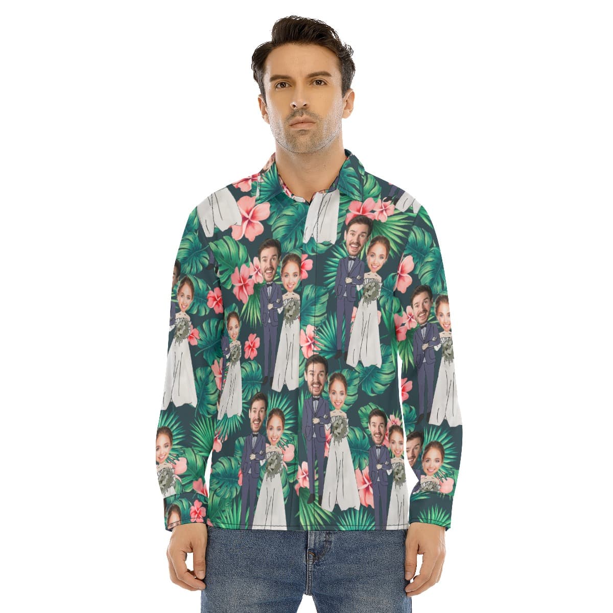 Custom Face Couple Tropical Long Sleeve Hawaiian Shirt For Men (1)