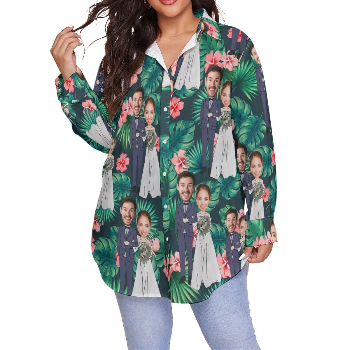 Custom Face Couple Wedding Hawaiian Oversized Shirt For Women (1)