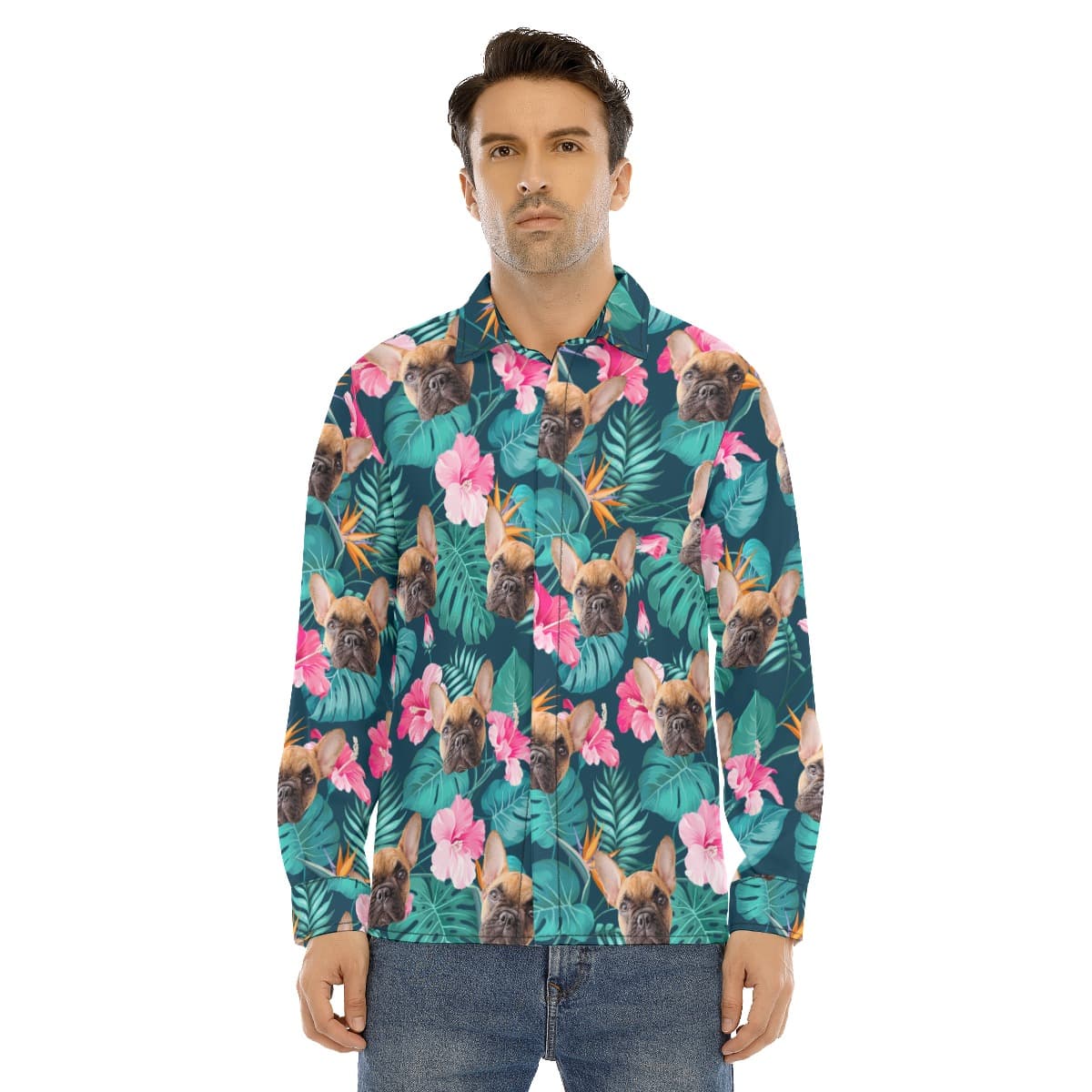 Custom Face Dog And Cat Long Sleeve Hawaiian Shirts For Men (2)
