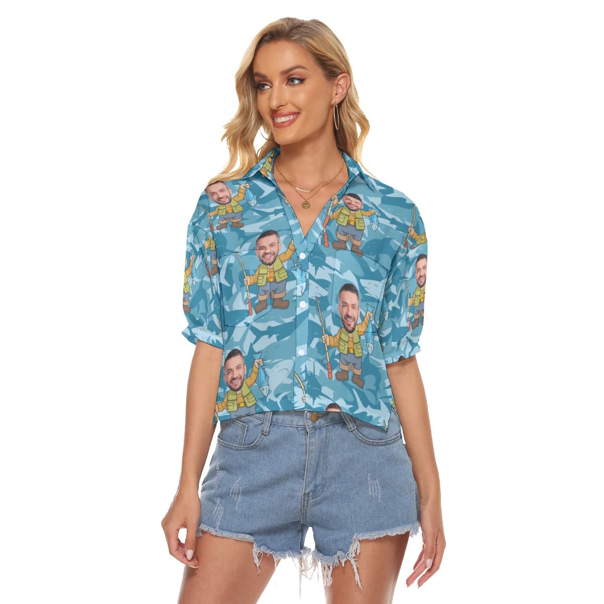 Custom Face Fishing Hawaiian Crop Top Shirt For Women (1)