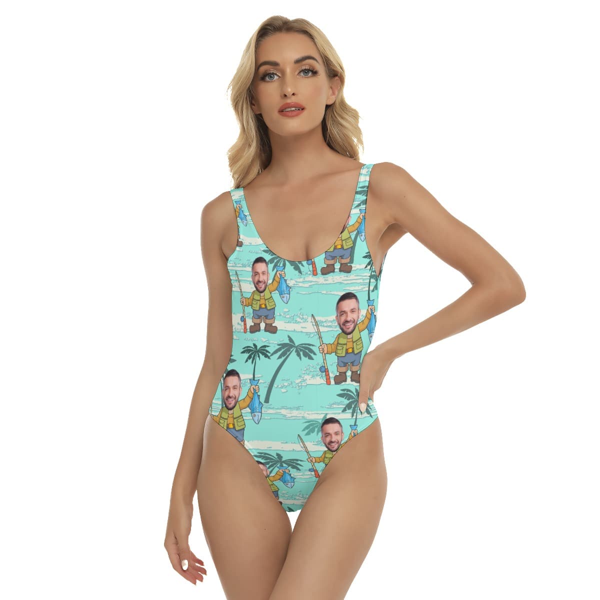 Custom Face Fishing Hawaiian One Piece Swimsuit For Women (1)