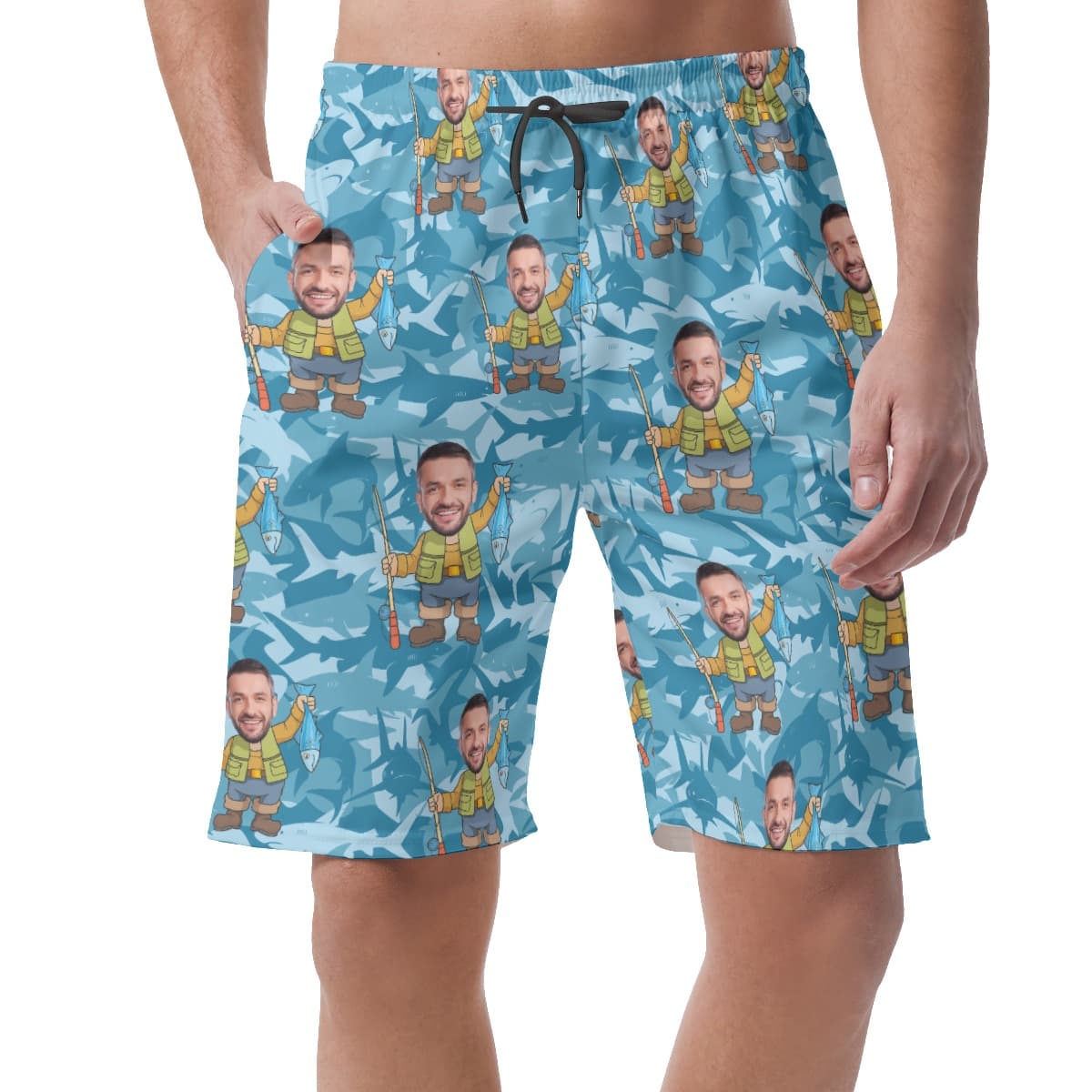 Custom Face Fishing Man Hawaiian Beach Shorts For Men (1)