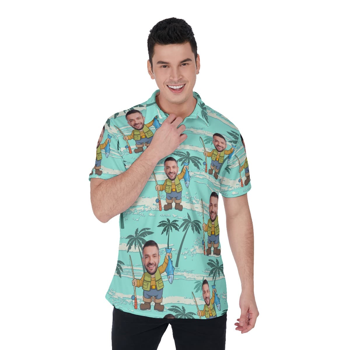Custom Face Fishing Man Polo Hawaiian Shirt For Vacation (1)