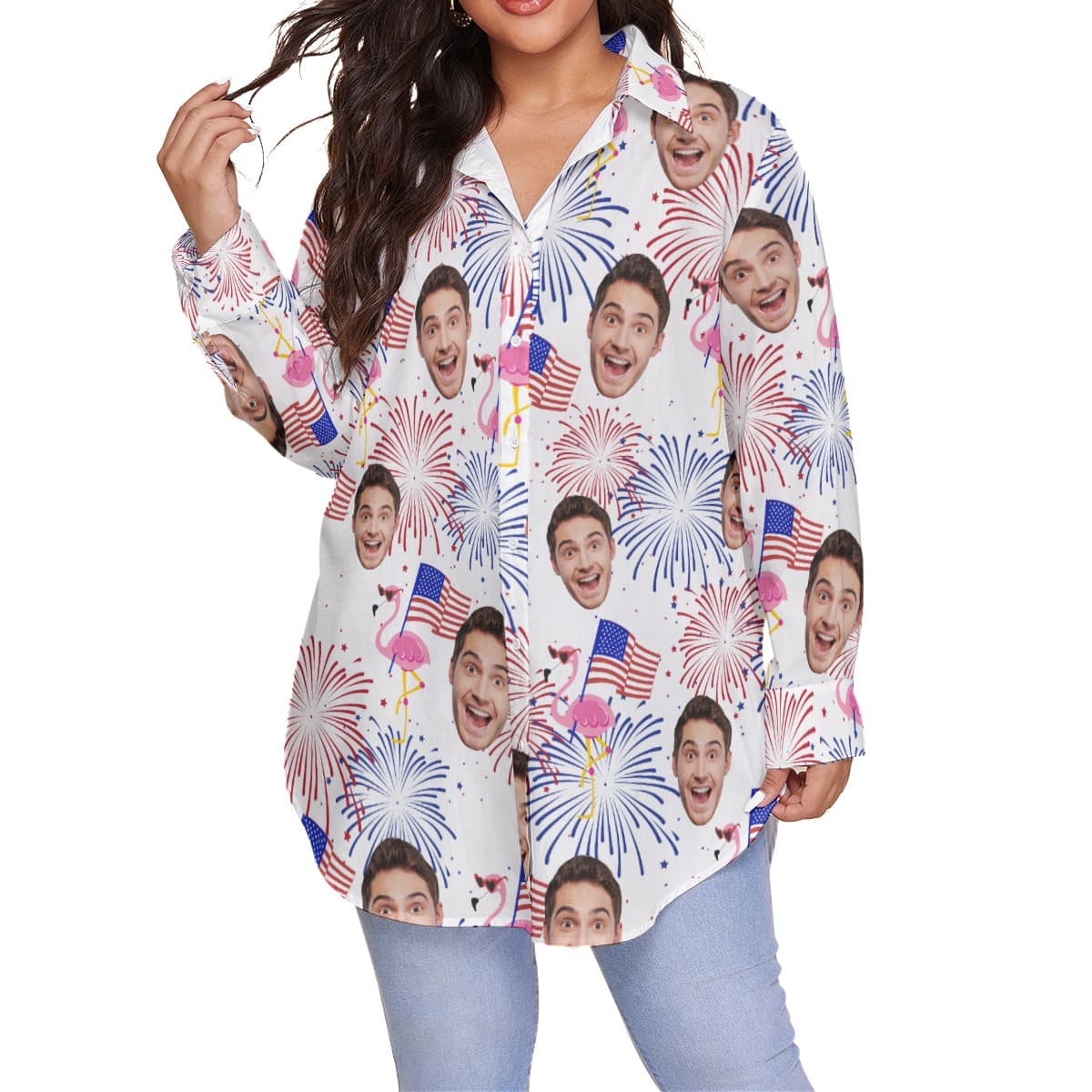 Custom Face Flamingo Patriotic Hawaiian Plus Size Shirt (4)