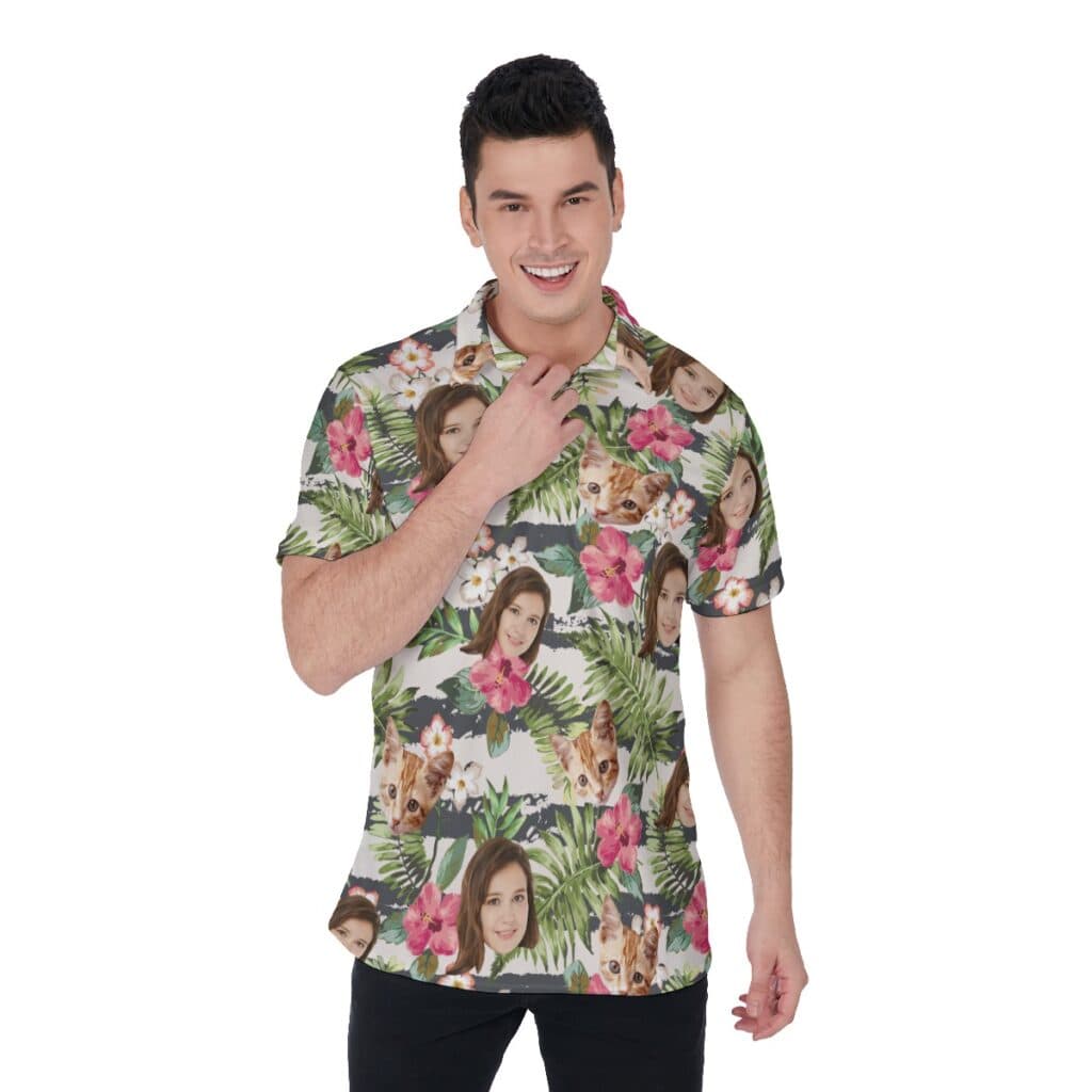 Custom Face Floral Hawaiian Golf Shirt For Men
