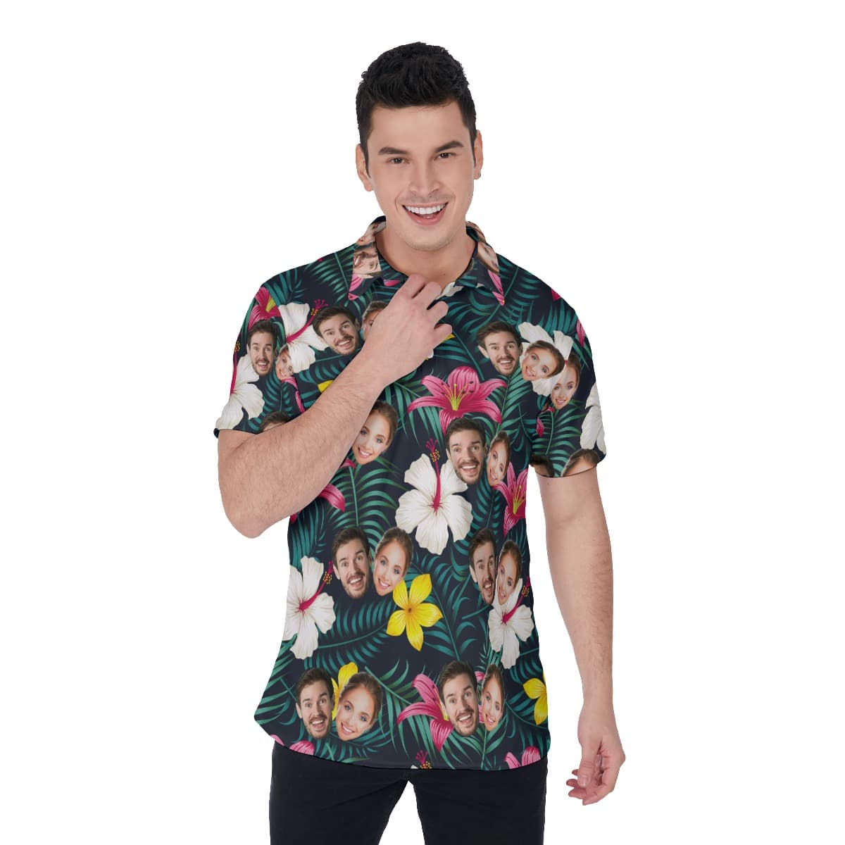 Custom Face Floral Golf Shirt For Men has a tropical theme with floral patterns, custom multiple faces all over the print of the shirt, for a cool look on your golf tournaments