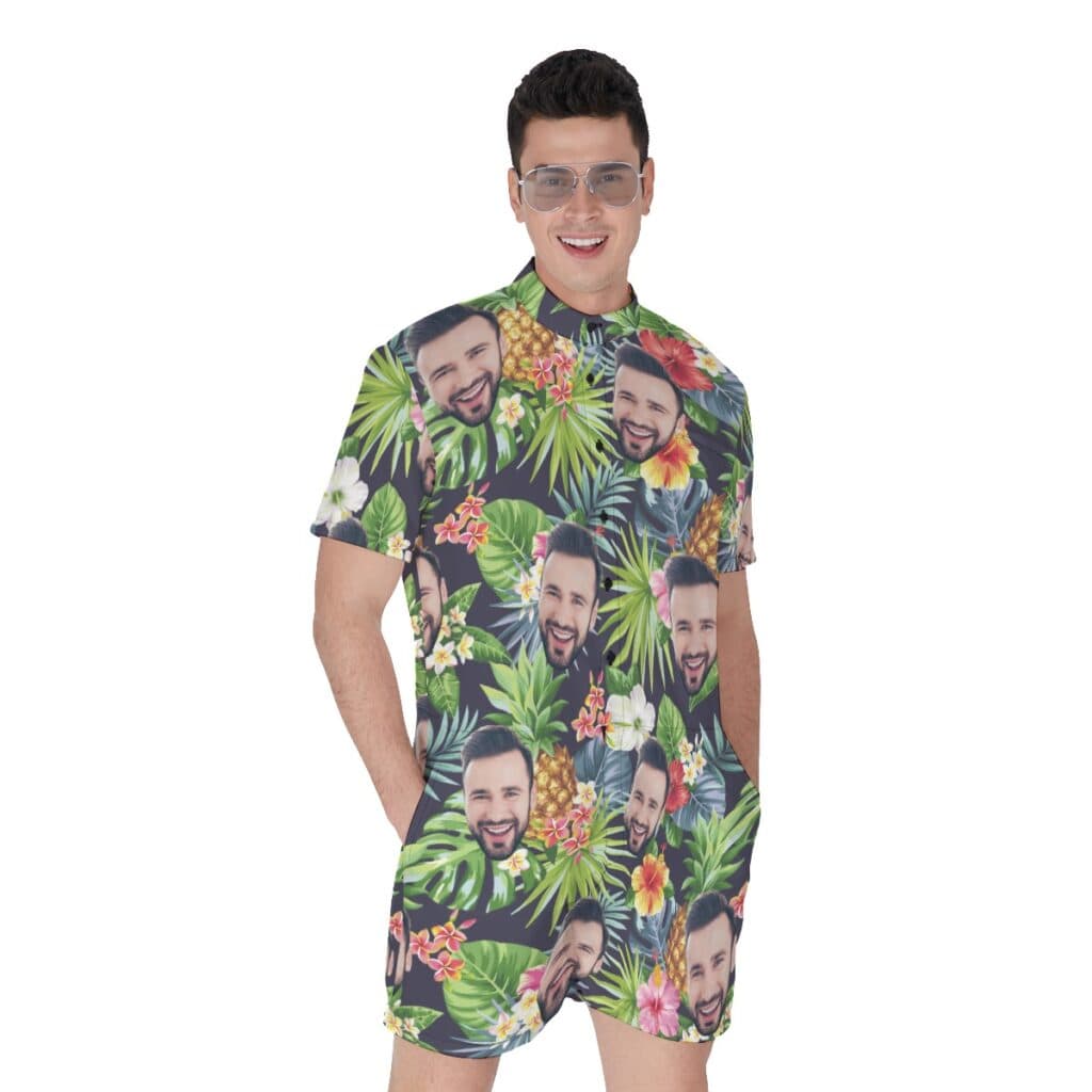 Custom Face Funny Floral Pineapple Hawaiian Romper For Men