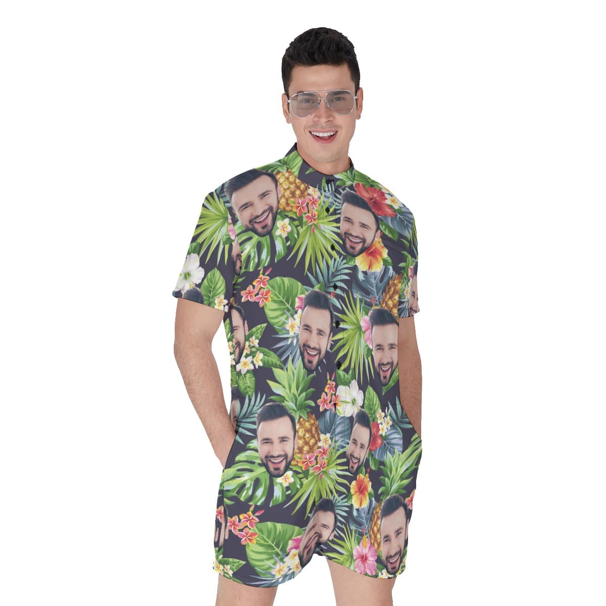 Custom Face Funny Floral Pineapple Hawaiian Romper For Men