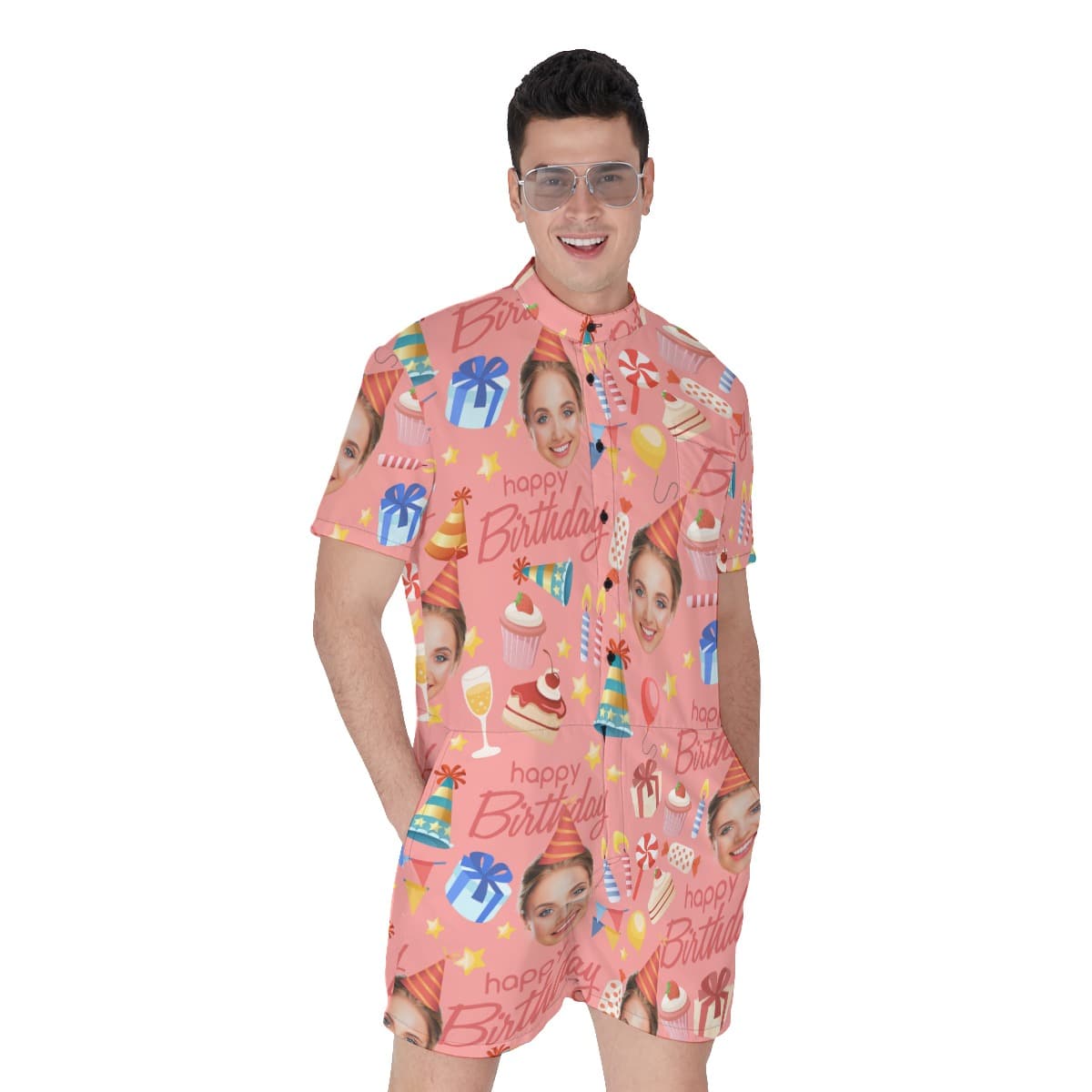 Custom Face Happy Birthday Pink Romper For Men (1)