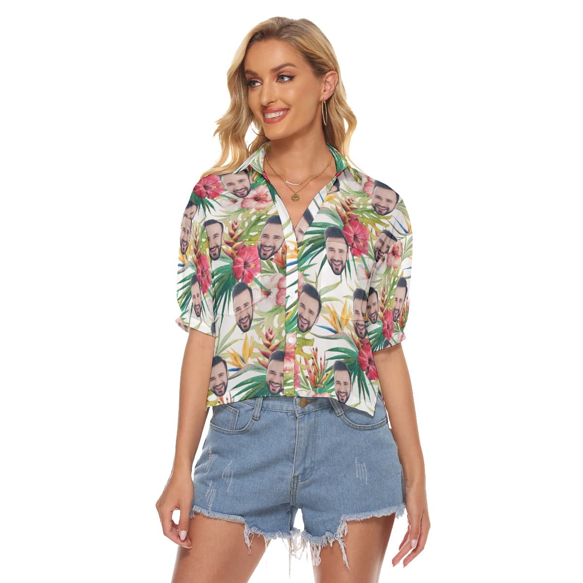 Custom Face Hibicus Summer Aloha Crop Top Shirt (4)