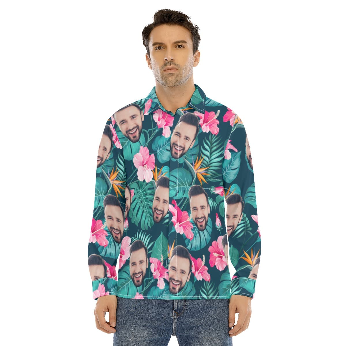 Custom Face Long Sleeve Hawaiian Shirts For Men (1)