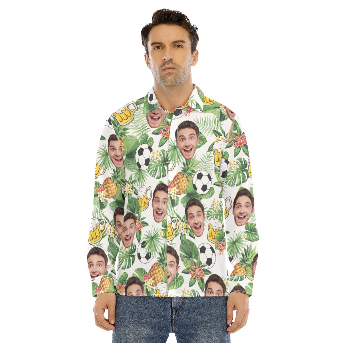 Custom Face Mix Beer And Soccer Hawaiian Long Sleeve Shirt (4)