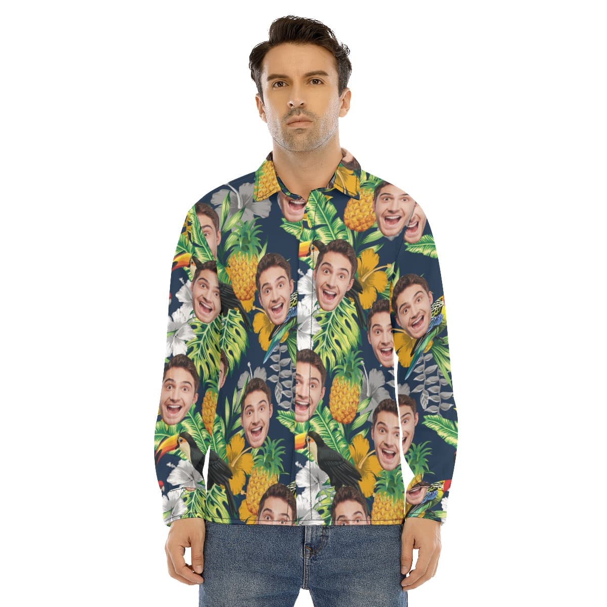 Custom Face Mix Parrots Tropical Hawaiian Long Sleeve Shirt