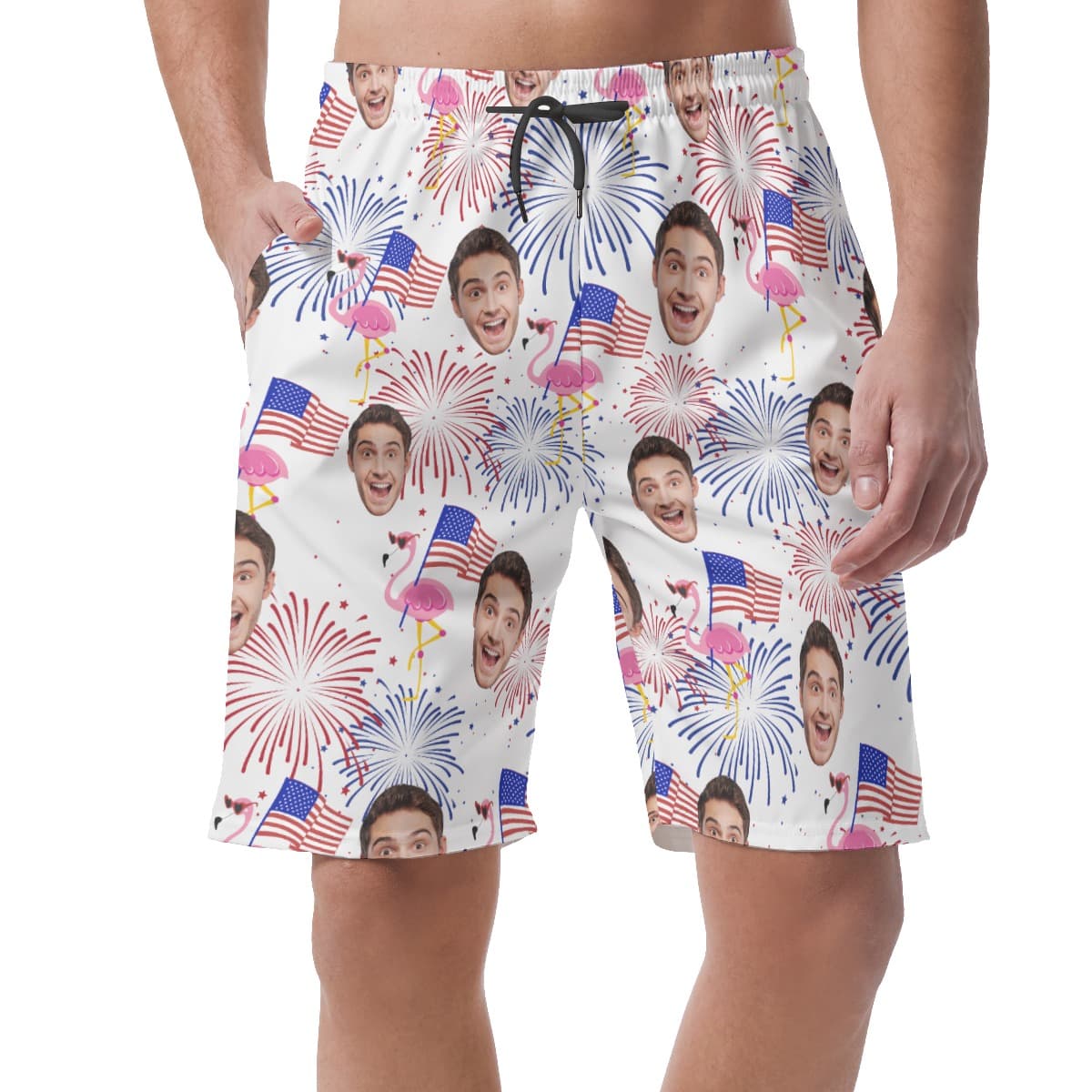Custom Face Patriotic Flamingo Summer Beach Shorts For Men