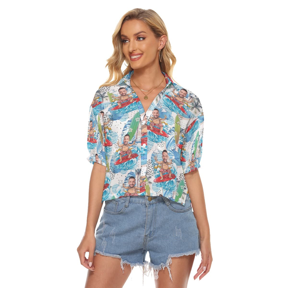 Custom Face Surfing Blue Hawaiian Cropped Shirt For Women (1)