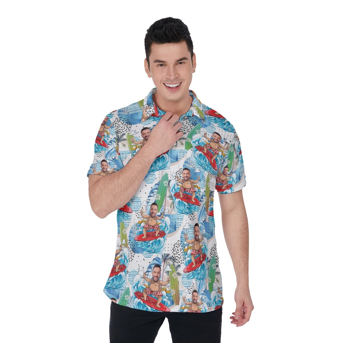 Custom Face Surfing Blue Hawaiian Polo Shirt For Men