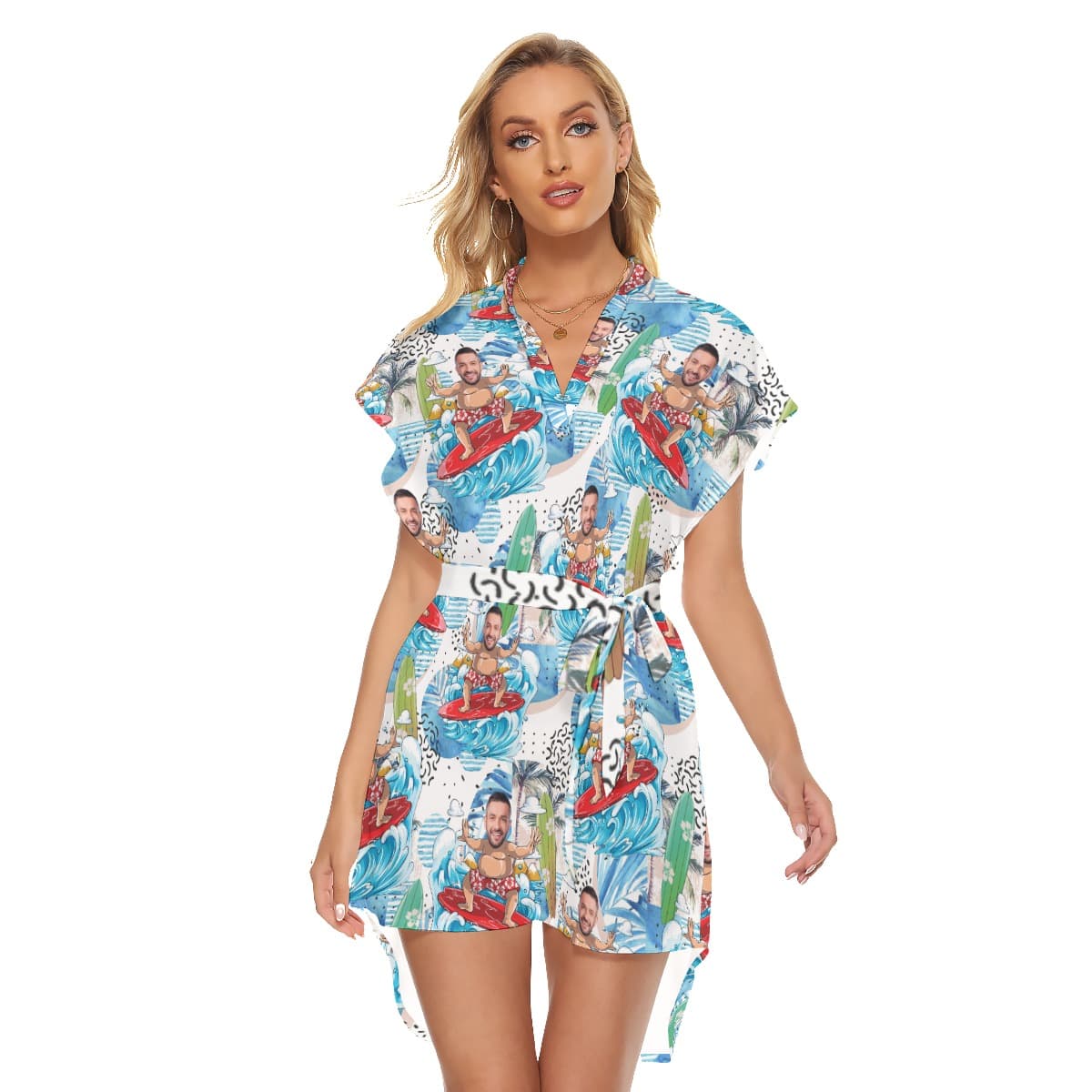 Custom Face Surfing Man Blue Hawaiian Dress With Belt For Women (4)