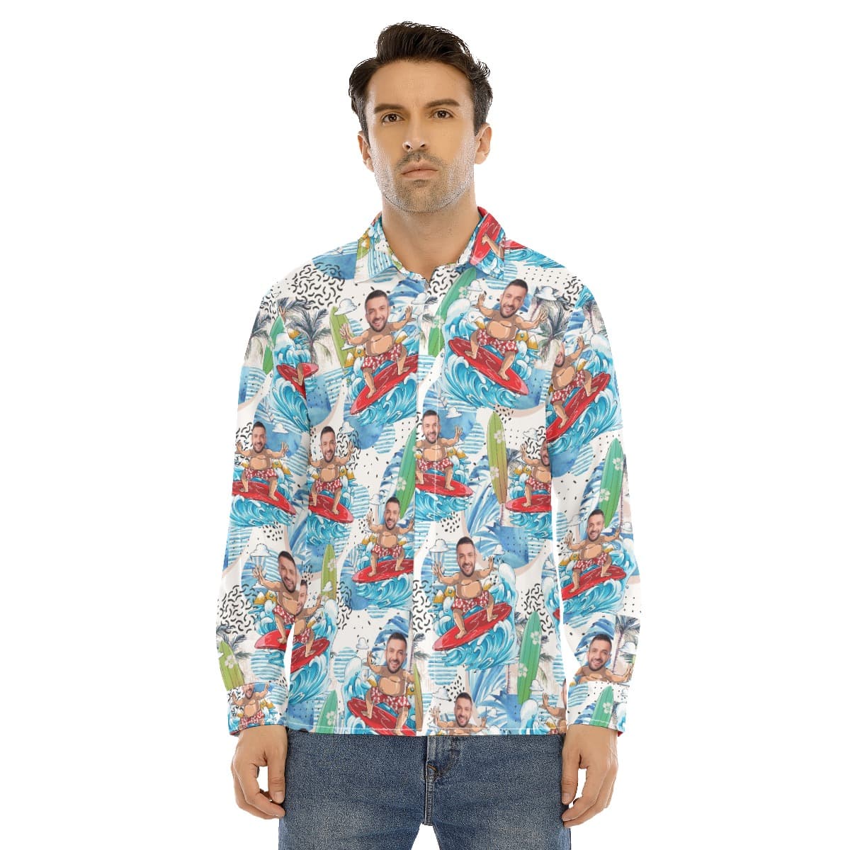Custom Face Surfing Men’s Hawaiian Long Sleeve Shirt (4)