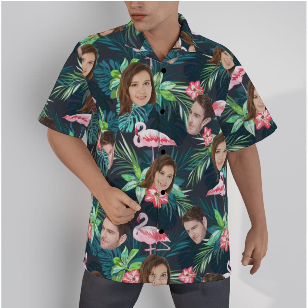 Custom Face Tropical Flamingo Green Hawaiian Shirt