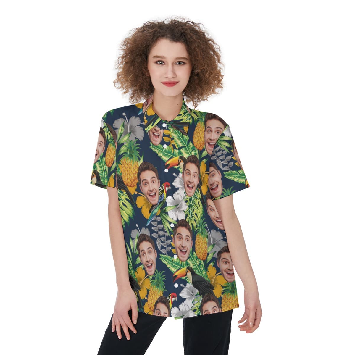 Custom Face Tropical Parrots Aloha Button Up Shirt For Women