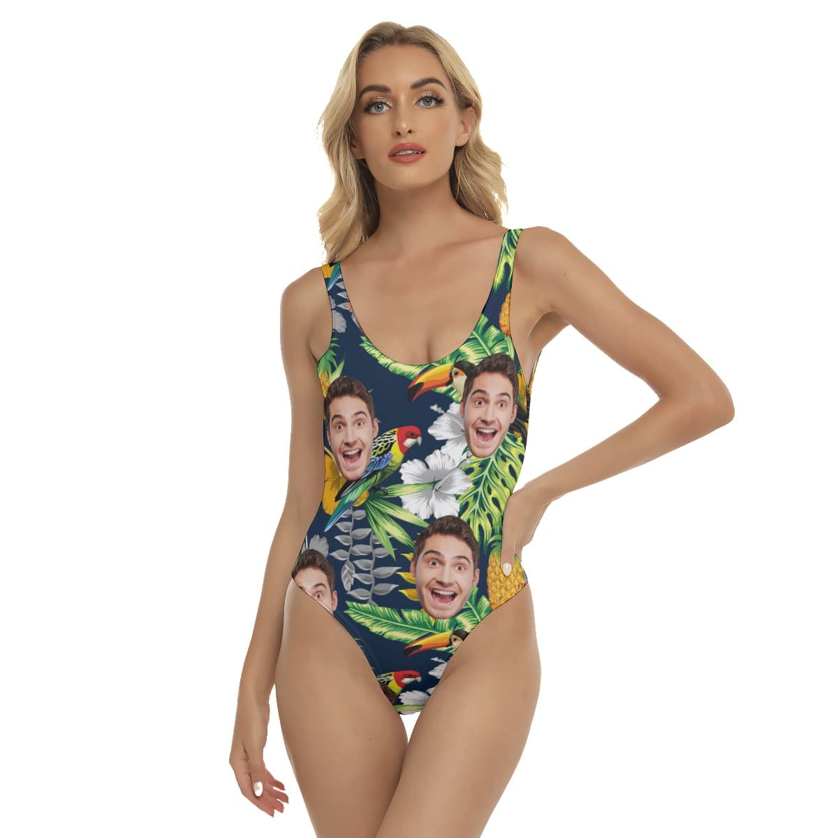 Custom Face Tropical Parrots Hawaiian One Piece Swimsuit For Women (3)
