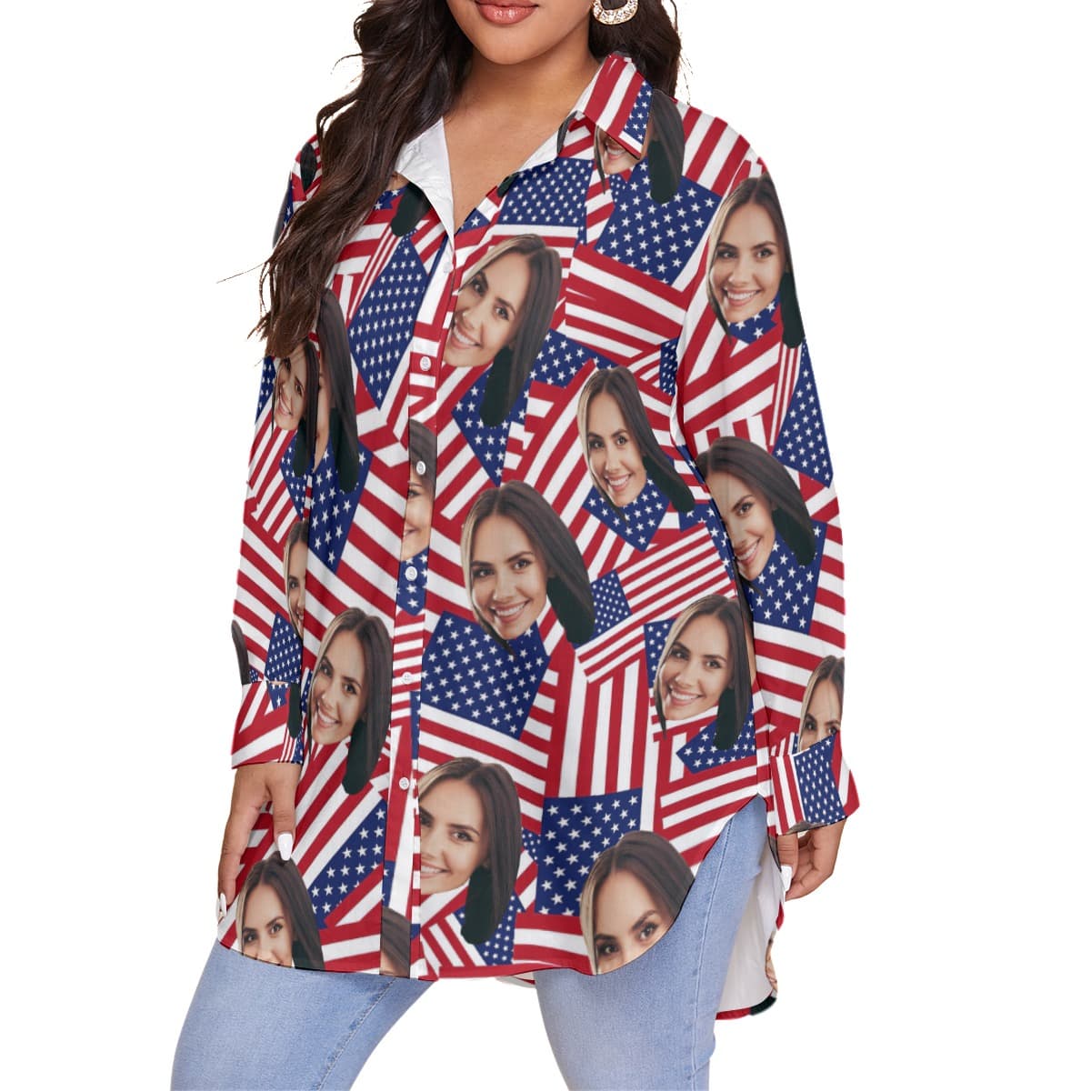 Custom Face USA Flag Oversized Hawaiian Shirt For Women (3)